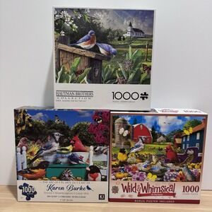 1000 Piece Puzzle Lot BIRDS TEA PARTY Birds, Blooms and Butterflies ON THE FENCE